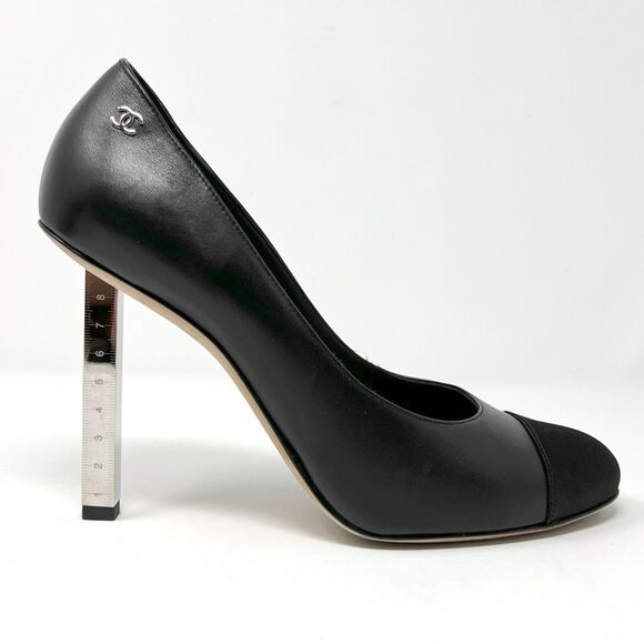 Chanel Cap Toe Leather Pumps Silver Heel Black Size 38.5 EU - Picture 3 of 10